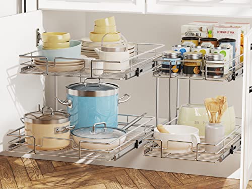 LOVMOR 2 Tier Individual Pull Out Cabinet Organizer 11 W x 21 D, Slide  Out Kitchen Cabinet Storage Sliding Shelves